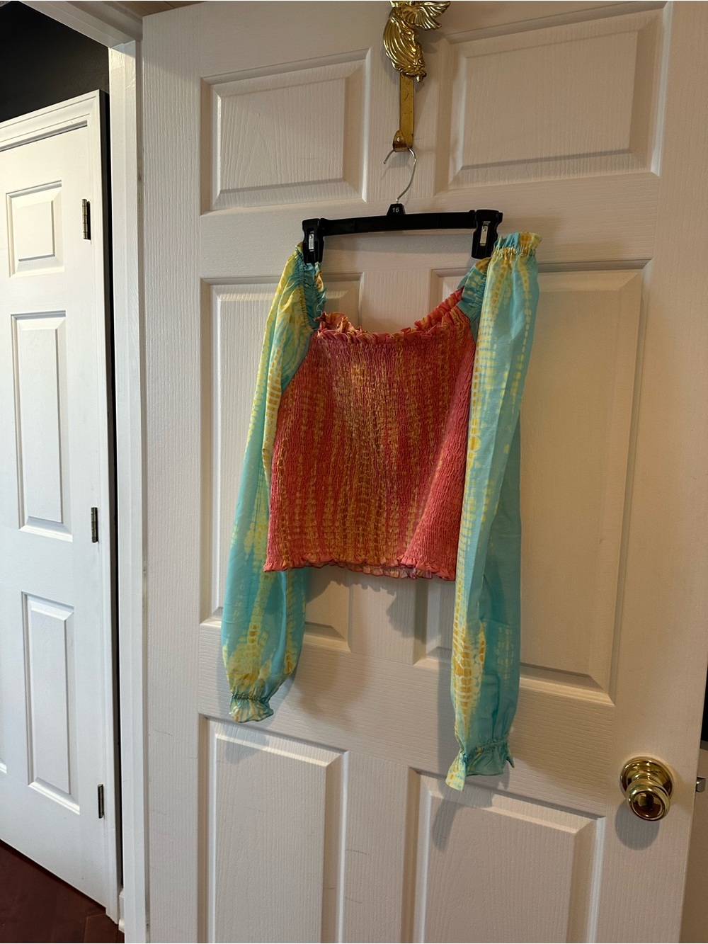 Kavita Bhartia Pink Smocked Top with Aqua Ruffled Sleeve Detail New with tags
